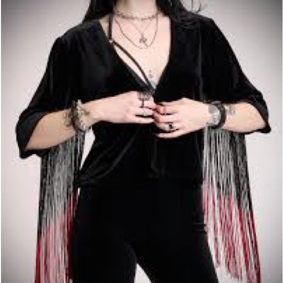 Midnight Hour Sweaters - Bleeding Velvet Black and Red Velvet Fringe Kimono
